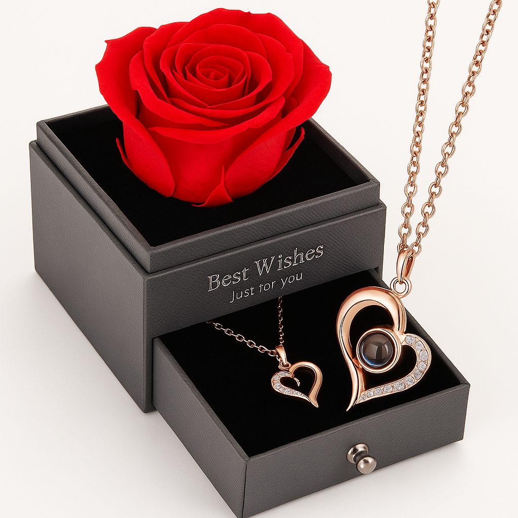 Rosa Eterna En Joyero y Collar TE AMO